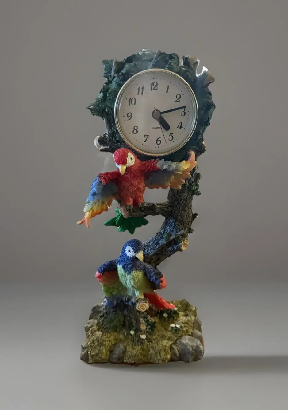 De Elina Tropical Parrots Figurine Clock Vintage Resin Macaw Bird Statue Decor